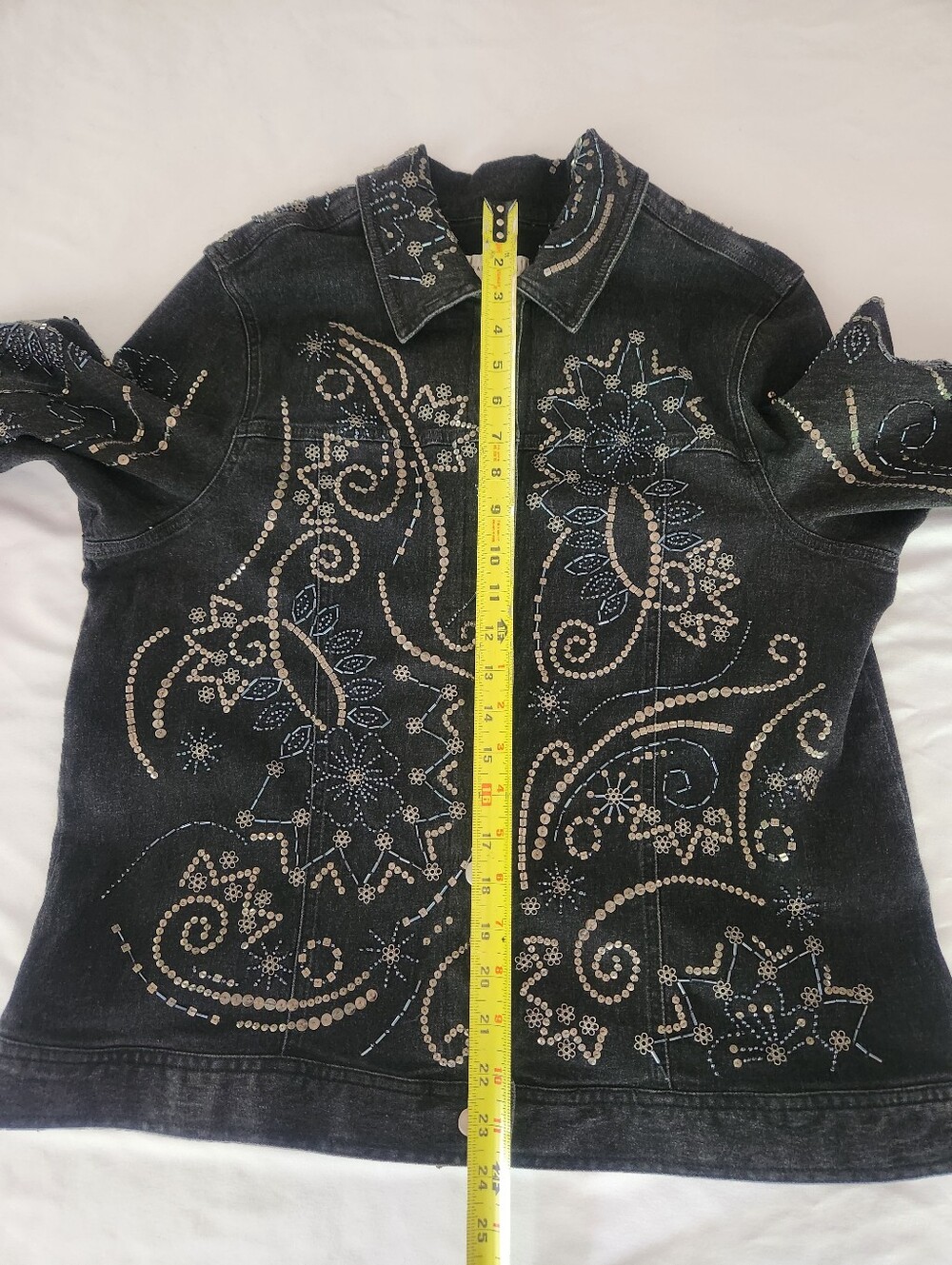 Susan Bristol Black Denim Jacket w Floral Paisley Beaded Sequins - Picture 6 of 16